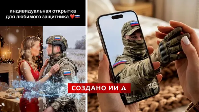 Коллаж из двух фото. Изображение слева разделено еще на две части. На одной - нарядная женщина у праздничного стола протягивает руки. На второй - стоит военный в поле и смотрит на женщину, они как бы обнимают друг друга, преодолевая расстояния. Справа: на экране смартфона изображен мужчина в военной форме, он через экран протягивает руку к женщине, которая держит смартфон.