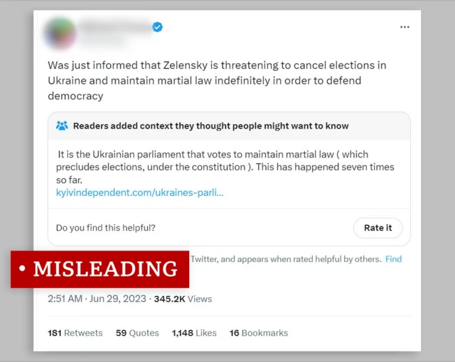 볼로디미르 젤렌스키 우크라이나 대통령이 우크라이나 선거를 “취소”하려고 협박한다는 주장의 트위터. 오해의 소지가 있다.