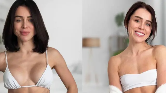  ရင်သားအတုနဲ့ နှုတ်ခမ်းထူ ဆေး ထိုးပြီးတဲ့နောက်နဲ့ အဲဒီနှစ်ခုစလုံးကို ဖယ်ရှားပြီးတဲ့နောက် မြင်တွေ့ရတဲ့ ကက်တရီနာခရပ်ခီနာ