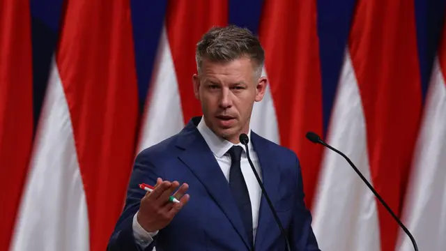 Молодий політик у темно-синьому костюмі стоїть за трибуною з мікрофонами та жестикулює рукою. У тлі — кілька вертикальних червоно-білих прапорів.