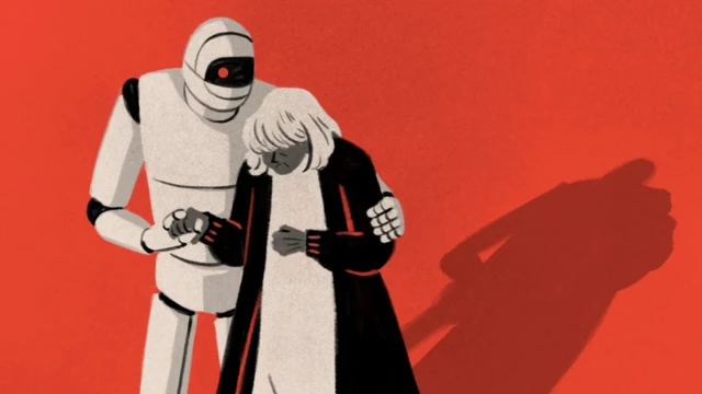 Рисунок, где робот, поддерживая, ведет пожилую женщину