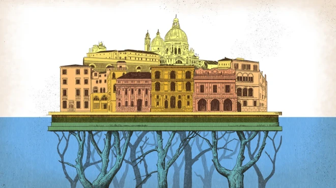 Artistic depiction of a city block with various buildings and domes, all elevated on tree-like stilts above a body of water. The buildings display diverse architectural styles and vibrant colors.