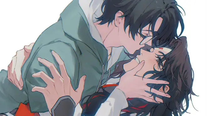 An illustration showing two men about to kiss