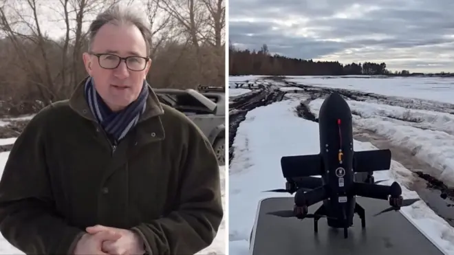 ランデイル記者と迎撃ドローンの写真が並んでいる