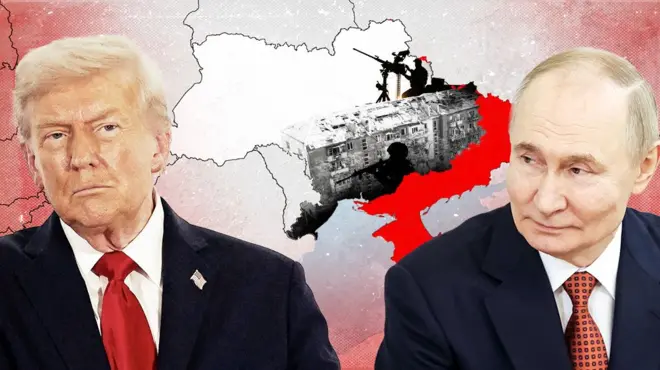 Un collage graphique montrant Trump et Poutine sur fond de carte de l'Ukraine, d'un bâtiment détruit et de la silhouette d'un homme avec une mitrailleuse antiaérienne.
