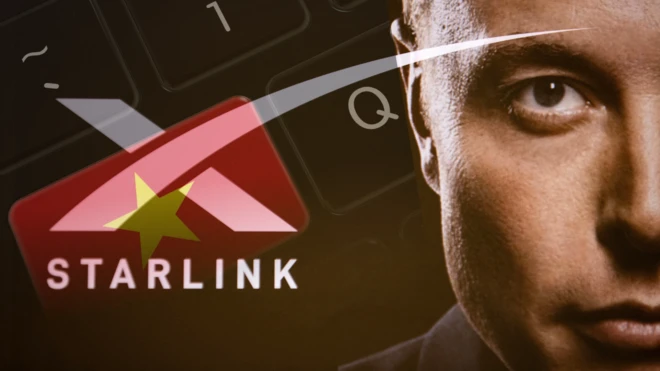 Ảnh thiết kế: Tỷ phú Elon Musk bên cạnh logo starlink và bàn phím có hình lá cờ Việt Nam