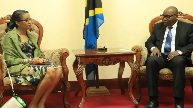 Mwakilishi Mkaazi wa WHO Tanzania Dkt Tigest Katsela Mangestu akiwa katika mazungumzo na Naibu Waziri wa Mambo ya Nje wa Tanzania Damas Ndumbaro