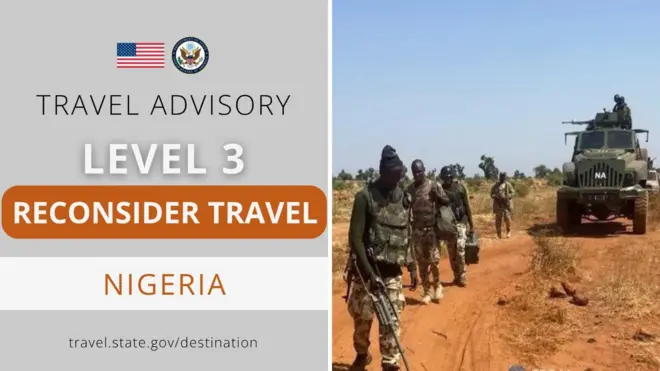 Collage of images of di US travel advisory and Nigerian sojas
