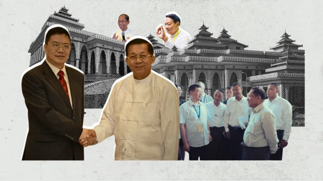 တရုတ်အထူးသံ တိန့်ရွှီကျင်းနဲ့ ဗိုလ်ချုပ်မှူးကြီး မင်းအောင်လှိုင်တို့ လက်ဆွဲနှုတ်ဆက်နေတဲ့ပုံ