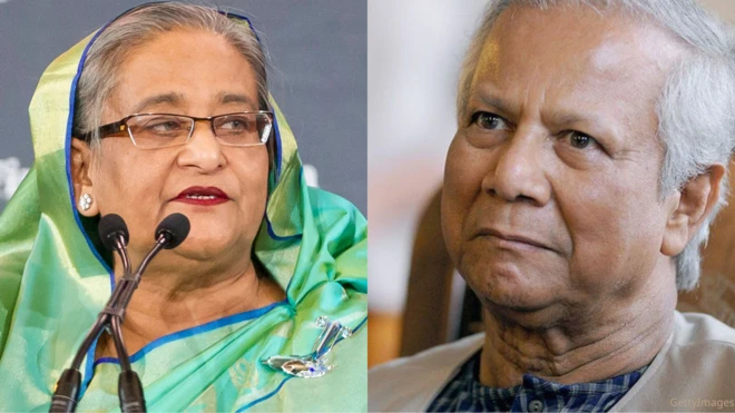 बांग्लादेश की प्रधानमंत्री शेख़ हसीना और नोबेल पुरुस्कार जीतने वाले प्रोफेसर यूनुस