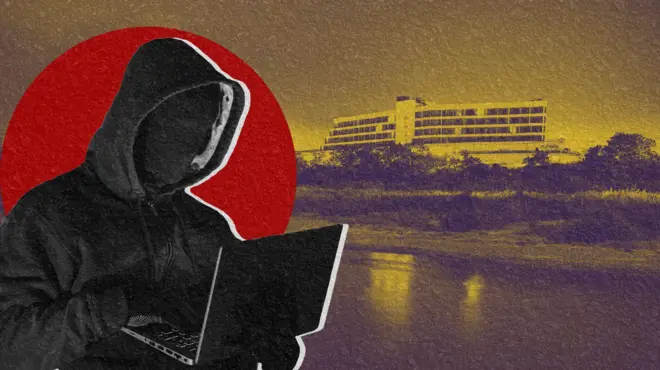 ထိုင်း -မြန်မာ နယ်စပ် မြန်မာဘက်ခြမ်းက အဆောက်အဦတစ်လုံးနောက်ခံနဲ့ ကွန်ပြူတာ ရာဇဝတ်မှုပြုလုပ်သူသဏ္ဍာန်သရုပ်ဖော် ပေါင်းစပ်ပုံ 