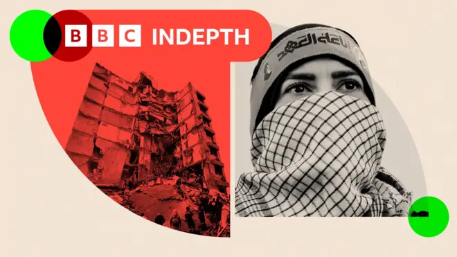 A dual image of a female Hezbollah supporter and an image of the site of an Israeli airstrike