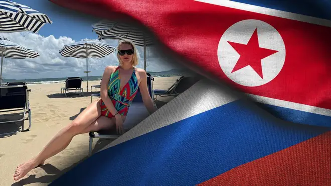 원산 갈마의 러시아인 관광객과 북한, 러시아 국기를 합성한 사진