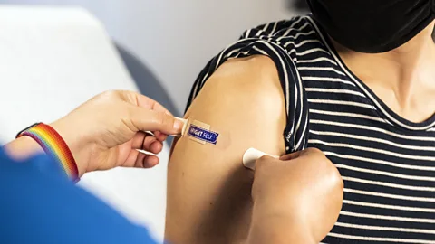 A child wears a Paw Patrol Band-Aid after receiving a flu shot in Los Angeles, California, the US (Credit: Getty Images)