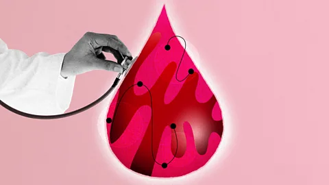 Illustration of doctor holding stethoscope on giant drop of blood (Credit: Serenity Strull/ BBC)