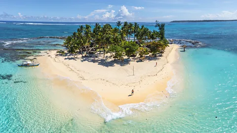 Aerial view of a tiny tropical sand island surrounded by shallow turquoise water and lined with palm trees (Credit: Getty Images)