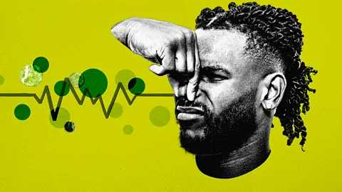 An illustration of a hand holding a manu2019s nose with odour particles and waves of smell around him (Credit: Serenity Strull/ BBC/ Getty Images)