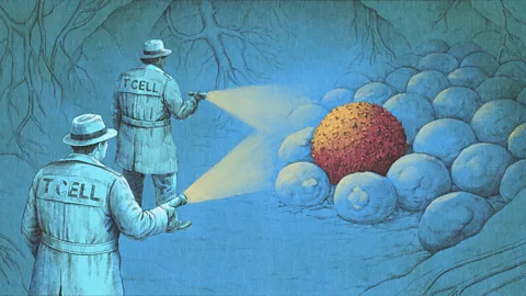 An illustration of T-cells dressed as detectives shining torches onto a cancer cell hiding among other healthy cells (Credit: Emmanuel Lafont)