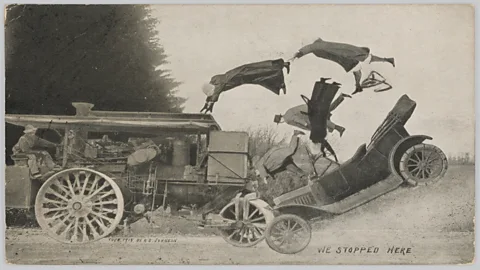 Courtesy of the Rijksmuseum Black-and-white vintage photo montage of two vehicles colliding and appearing to be thrown upwards out of of the car (Credit: Courtesy of the Rijksmuseum)