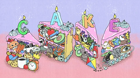 Emmanuel Lafont An illustration of pieces of cake are filled with things beginning with the letter C, A, K, E(Credit: Emmanuel Lafont)