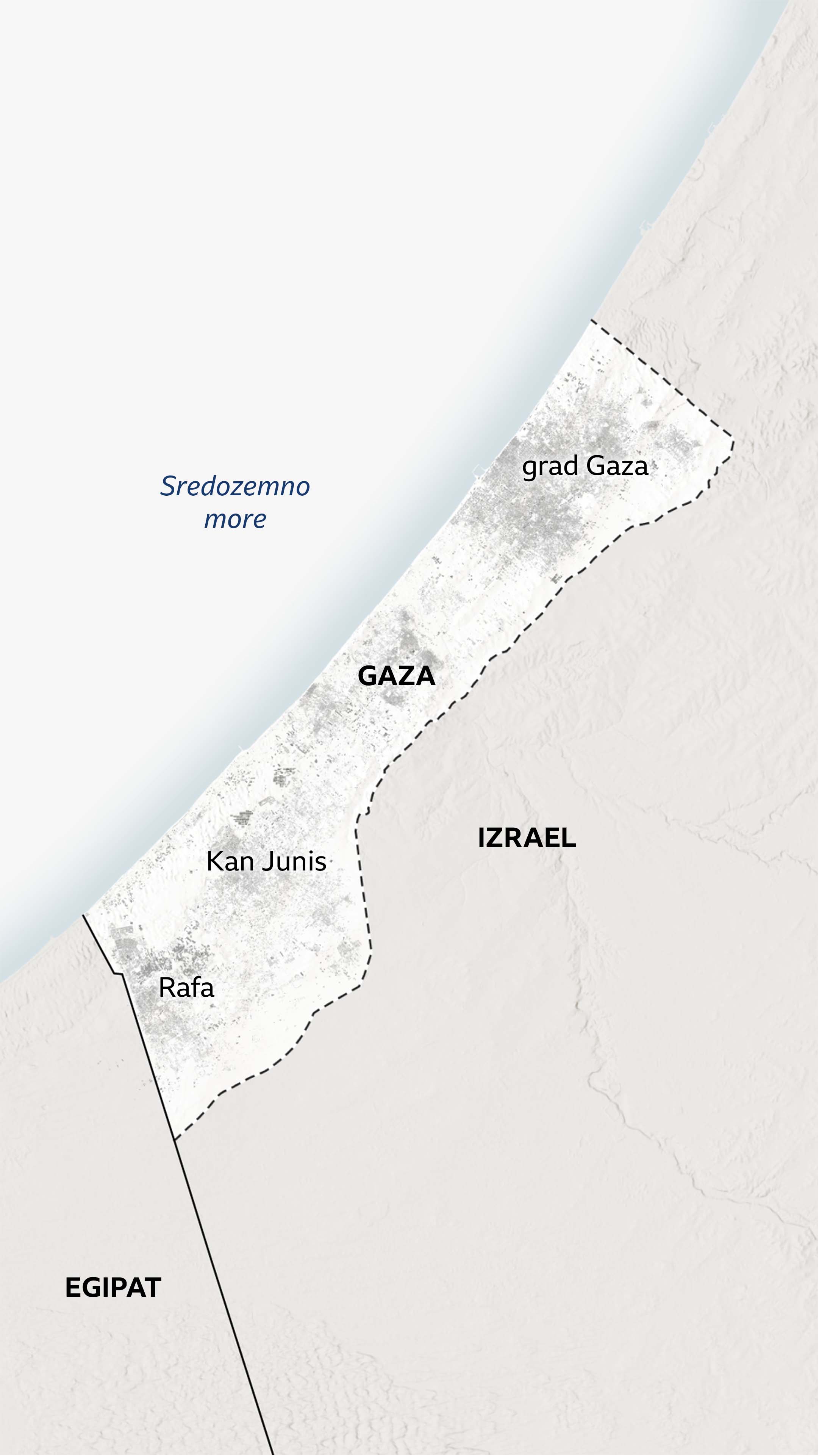 Mapa Gaze sa označenim velikim gradovima Rafa, Kan Junis i Gaza. 