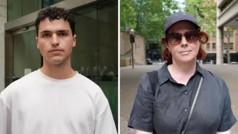 A man and woman look into the camera in a split screen.