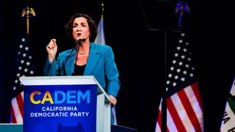 San Francisco Chronicle via Getty Images Katie Porter wears a blue blazer and stands at a podium that bears a sign reading "CA DEM: California Democratic Party." Behind her are two American flags.
