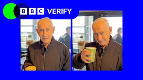 A graphical composite image showing the BBC Verify logo alongside two images of Benjamin Netanyahu holding a cup of coffee.