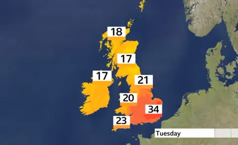 Map showing temperatures forecast across the UK on Tuesday. The highest temperature of 34C is forecast in south-east England, and the lowest temperatures of 17C are forecast in both Northern Ireland and Scotland.