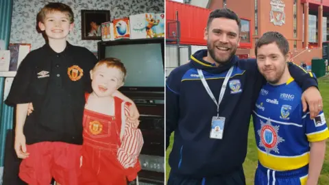 Brothers Craig and Oliver Thomason together as children and in later life