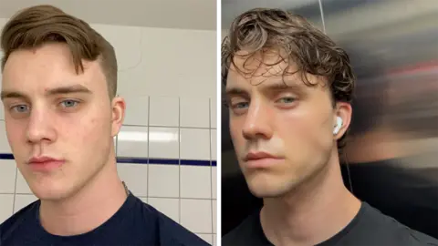 Leander two photos of Leander, the one on the right was before he started looksmaxxing and he has a rounder face. The one on the right is more recently and his jaw is more angular