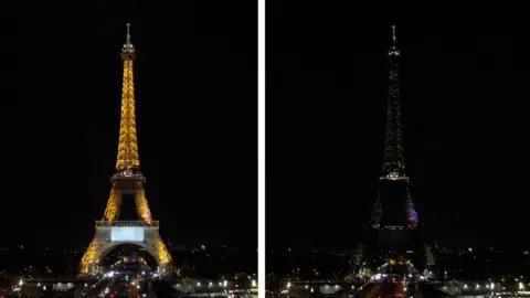 Eiffel tower split screen of lights on and off