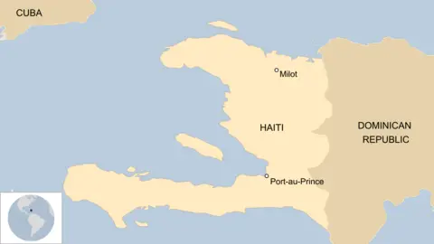 A map of Haiti showing the capital, Port-au-Prince, and Milot, as well as nearby Dominican Republic and Cuba