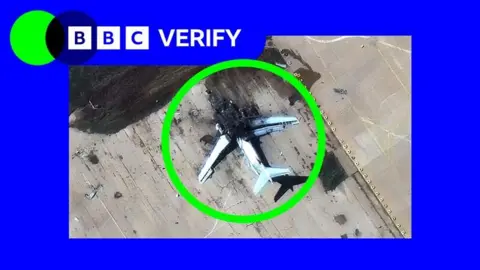 A graphic composite showing the BBC Verify logo along with a satellite image of a destroyed plane.