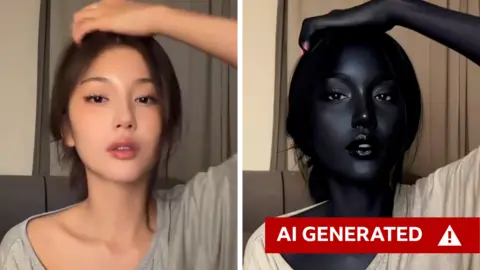 Composite image: On the left it shows a still from video of Riya Ulan. Her left arm is raised touching her head, she is looking straight at the camera with a grey curtain behind her. She has a light / olive complexion and dark hair, and is wearing a loose-fitting top with a wide neck. On the right is an AI generated image of a woman with artificially created, exceptionally dark skin in the same position, with the same clothing and backdrop. The BBC has marked the right hand image "AI generated" with a red label.