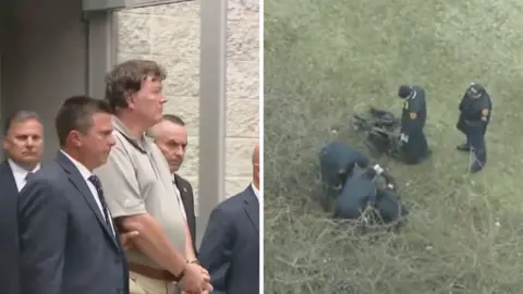 Split screen. On the left, we see Rex Heuermann. On the right, we see officers with bags.