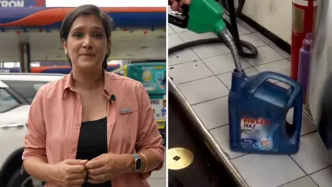 The BBC's Suranjana Tewari in a split screen with a pump filling a plastic bottle.