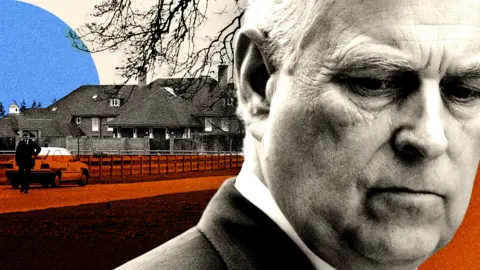 A graphic featuring a close-up black-and-white image of Andrew Mountbatten-Windsor looking concerned superimposed on an image of Sunninghill Park mansion, a large two-story brick house.