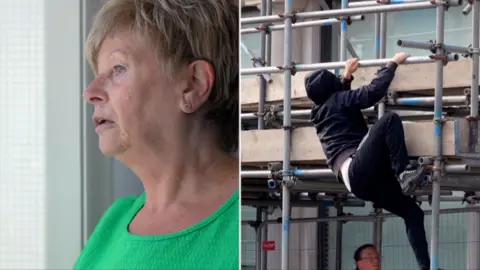 On the left a woman looks out her window through the blinds, on the right a man climbs scaffolding in a hoodie