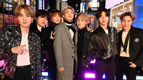 Getty Images BTS pose in Times Square in New York