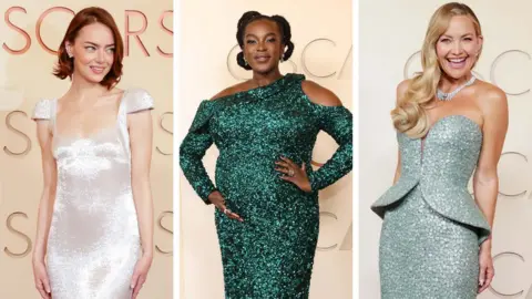 A composite image shows Emma Stone on the right, Wunmi Mosaku in the middle, and Kate Hudson on the right, all in eye-catching dresses at the Oscars red carpet.