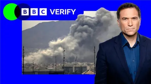 Ros Atkins in front of image of smoke billowing off building