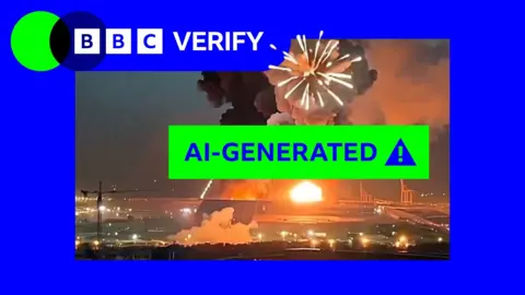 An AI-generated picture of an explosion with fireworks with an AI-generated label