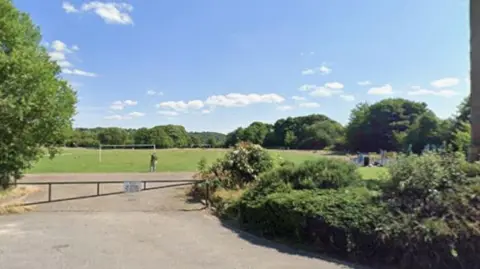 A football pitch, fenced off by a gate, trees and bushes. 