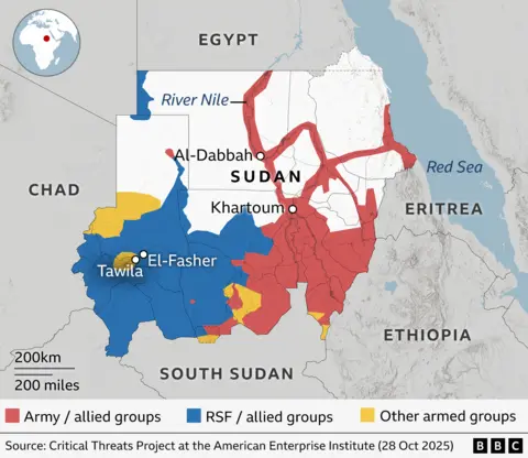 Map of Sudan showing territorial control as of 28 October 2025. Areas controlled by the army and allied groups are marked in red, RSF and allied groups in blue, and other armed groups in yellow. Key cities such as Khartoum, el-Fasher, Tawila and al-Dabbah are labelled. The Nile River is also depicted. Source: Critical Threats Project at the American Enterprise Institute.