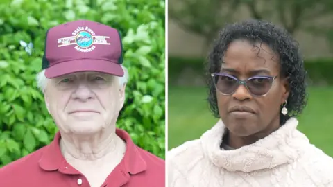 Split screen. A man is on the left and a woman is on the right.
