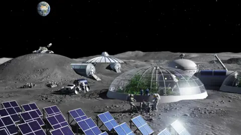 Lunar base with astronauts growing food in glasshouses. The Earth hangs above in the blackness of space