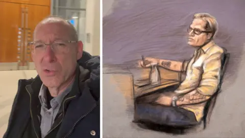 A composite of Paul Kirby reporting outside Oslo court and the court illustration of Marius Hoiby giving evidence