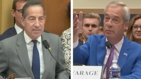 Composite image showing American congressman Jamie Raskin on left side, and Reform UK Party Leader Nigel Farage on right side