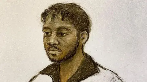 A drawing of a young man by a court room artist. He has short black hair and is wearing an open-necked dark shirt. 
